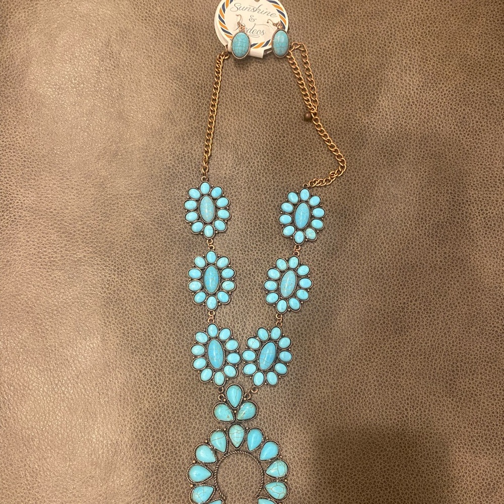 New Turquoise Squash Blossom Necklace and Earrings Set
